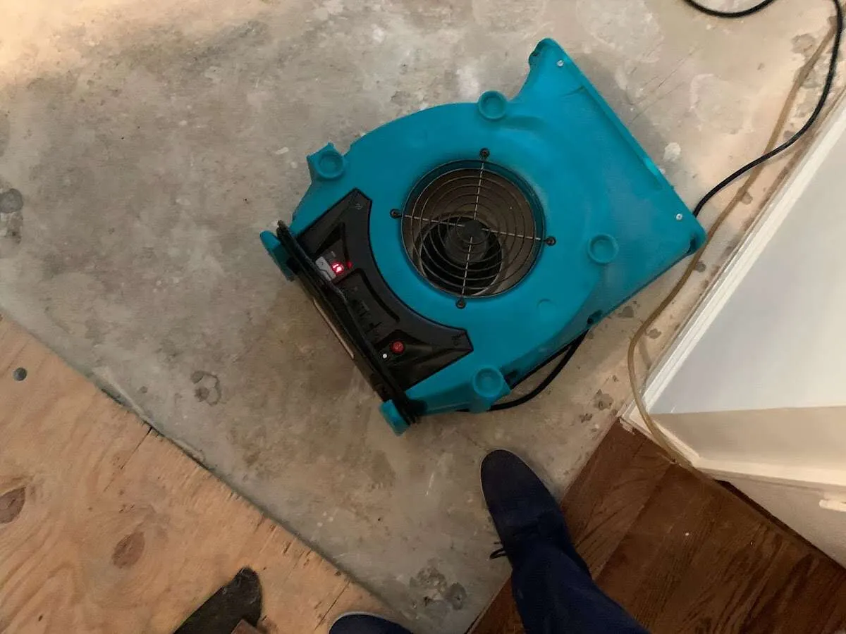 Air mover drying subfloor during Commercial Water Damage Restoration in Schuyler
